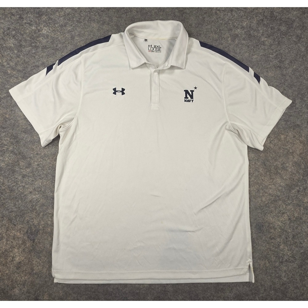 Under Armour Navy Midshipmen HeatGear Polo Shirt White Mens XL Loose Fit *Flaw*